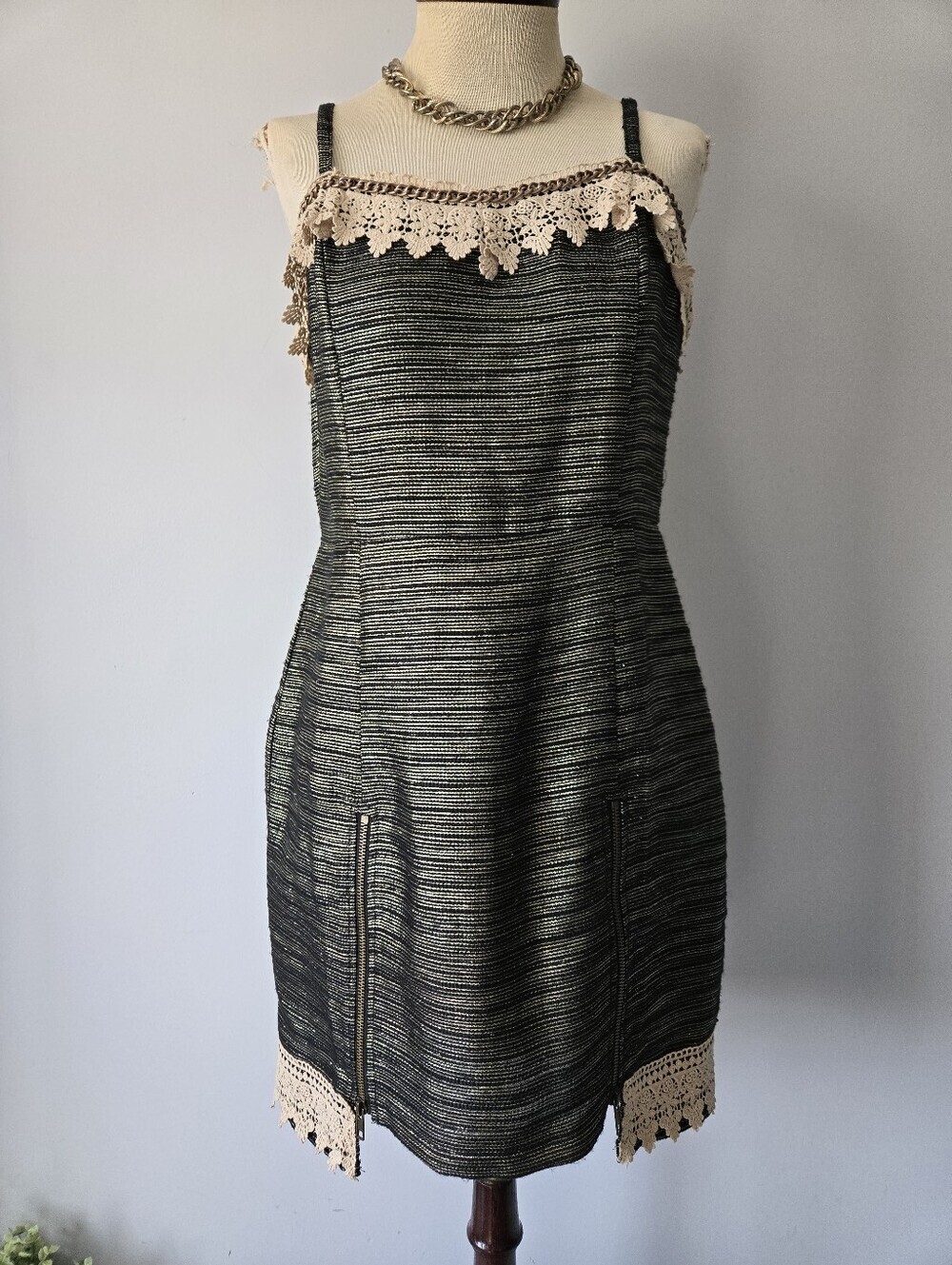 Soieblu Black and Metallic Gold Crochet-Trim Sheath Dress. Size L